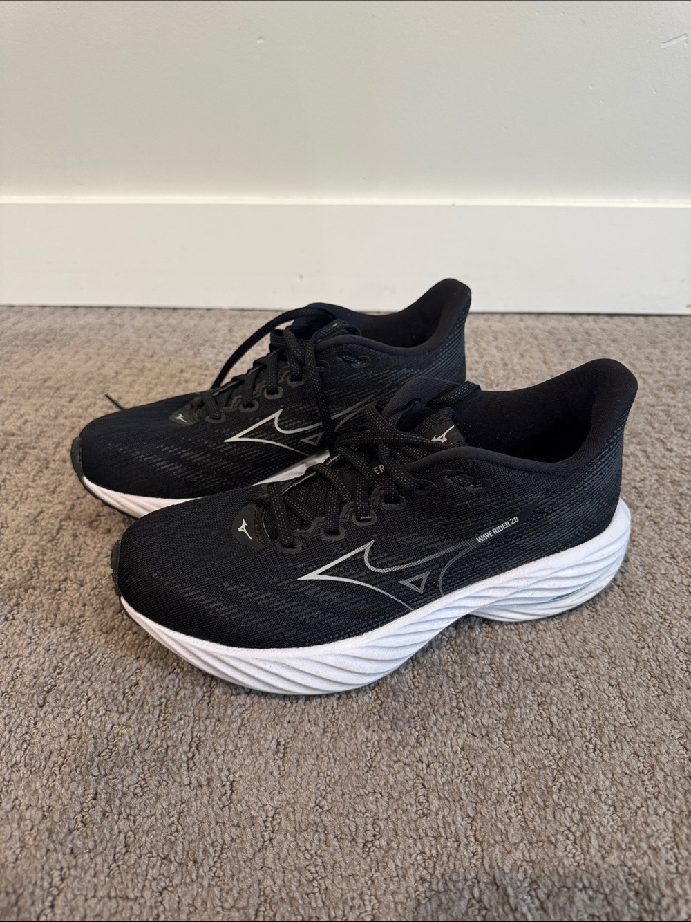 Mizuno Wave Rider 28 Black & White Cushioned Running Sneakers